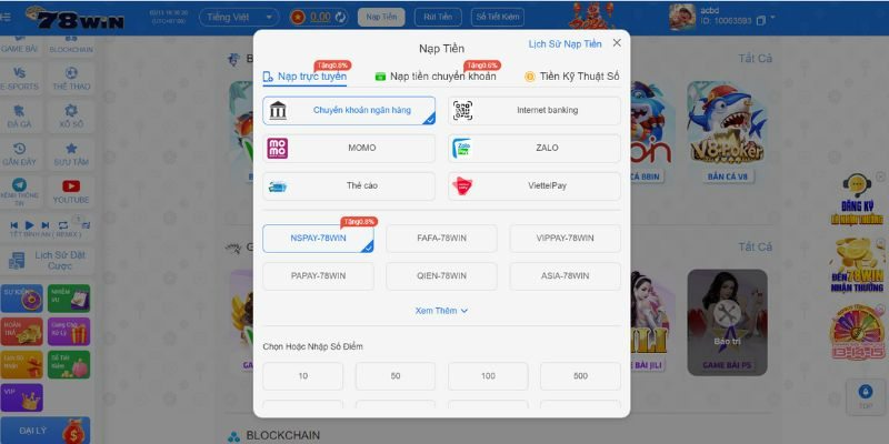 Điểm qua các phương thức nạp tiền 78WIN